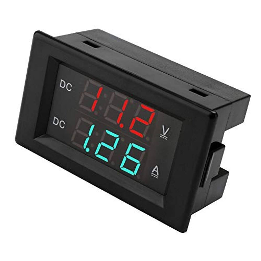 Digital DC voltmeter ammeter panel meter angled front view with red V and green A LEDs.