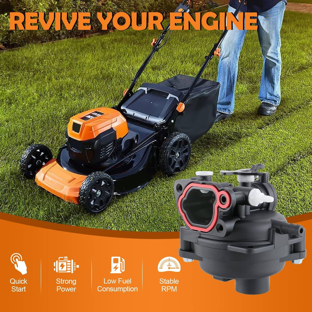 Carburetor assembly on lawn mower, black body with red seal ring