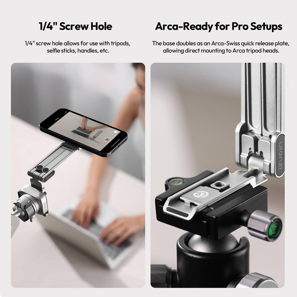 Phone tripod base with 1/4-inch screw hole and Arca-ready quick release plate
