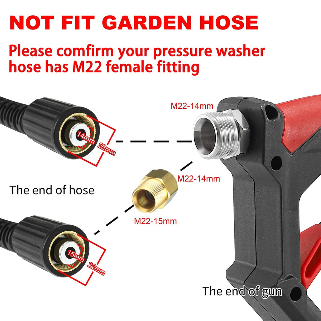 Pressure washer gun with red-and-black body and M22 threaded hose fitting
