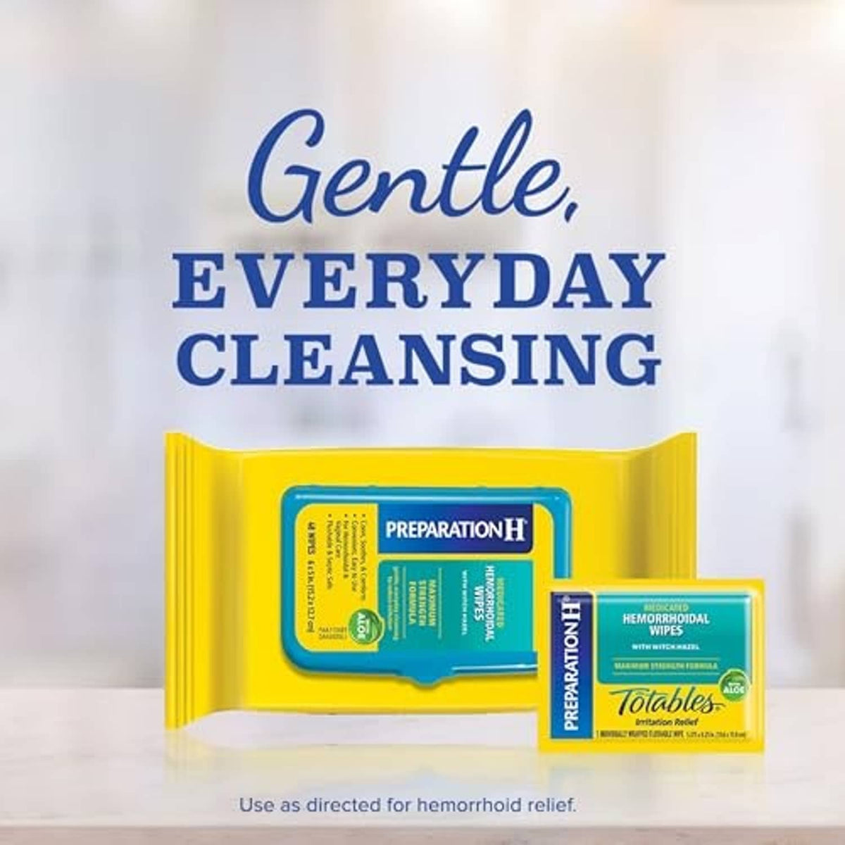 Hemorrhoidal care wipes and cream pack with “Gentle, everyday cleansing” text