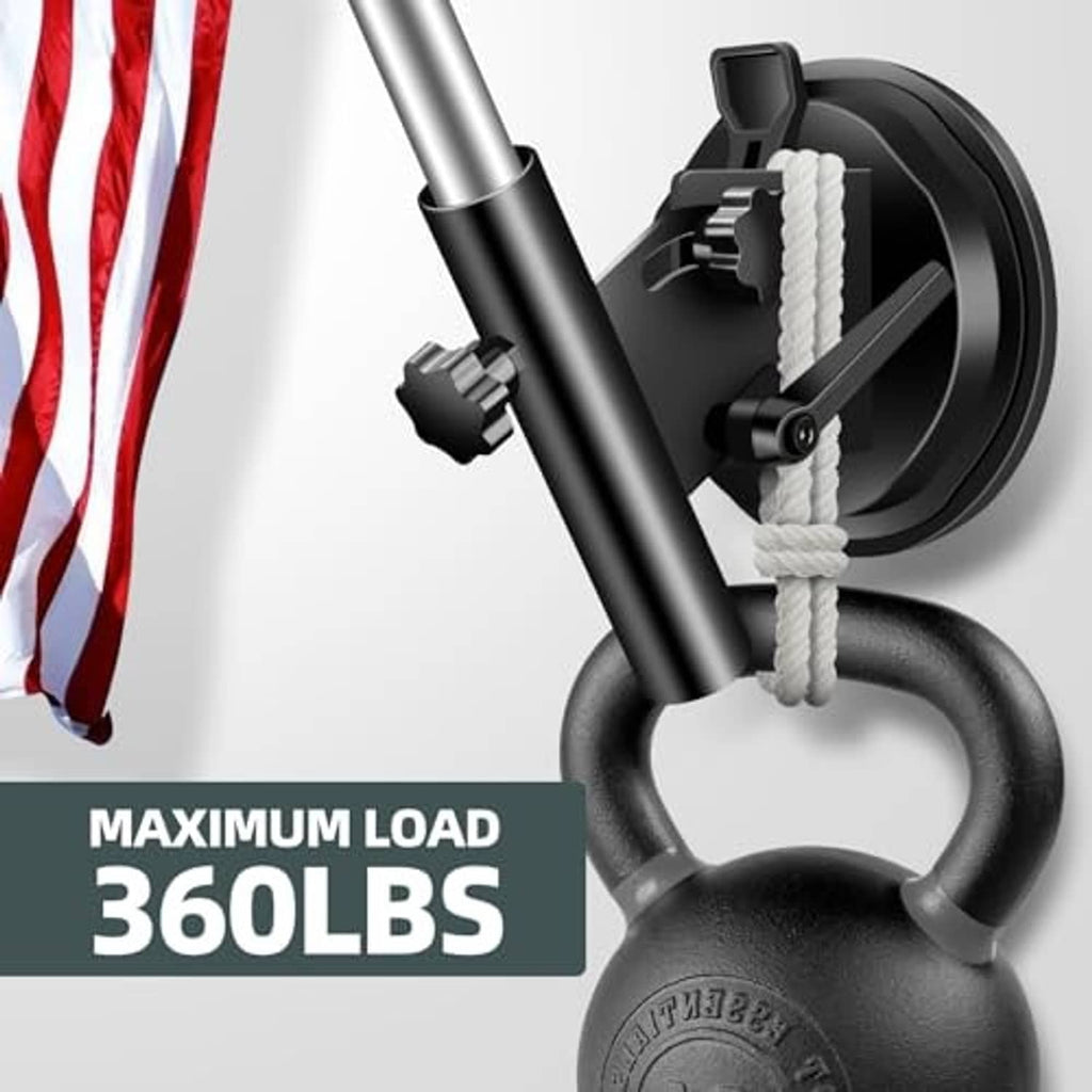 Black suction cup flagpole mount with adjustable clamp and cord loop