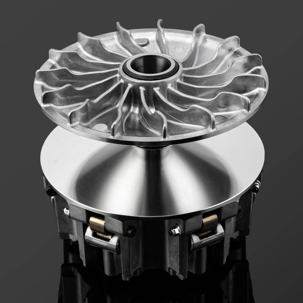 Machined aluminum primary drive clutch assembly with central bearing hub, silver finish