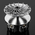 Machined aluminum primary drive clutch assembly with central bearing hub, silver finish