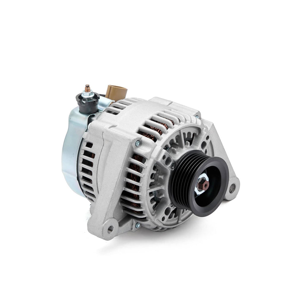Silver alternator with vented housing and black pulley, side view with electrical connector