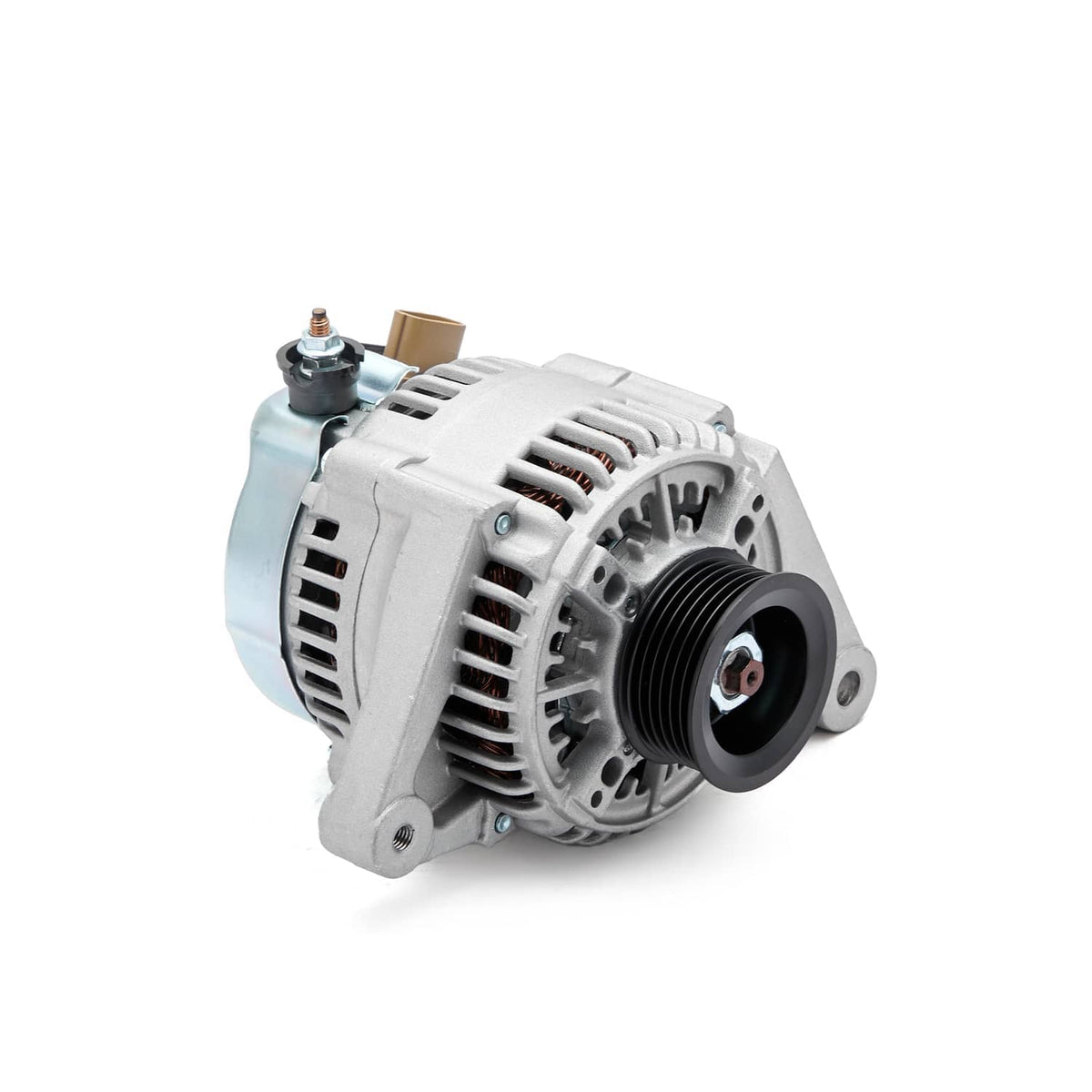 Silver alternator with vented housing and black pulley, side view with electrical connector