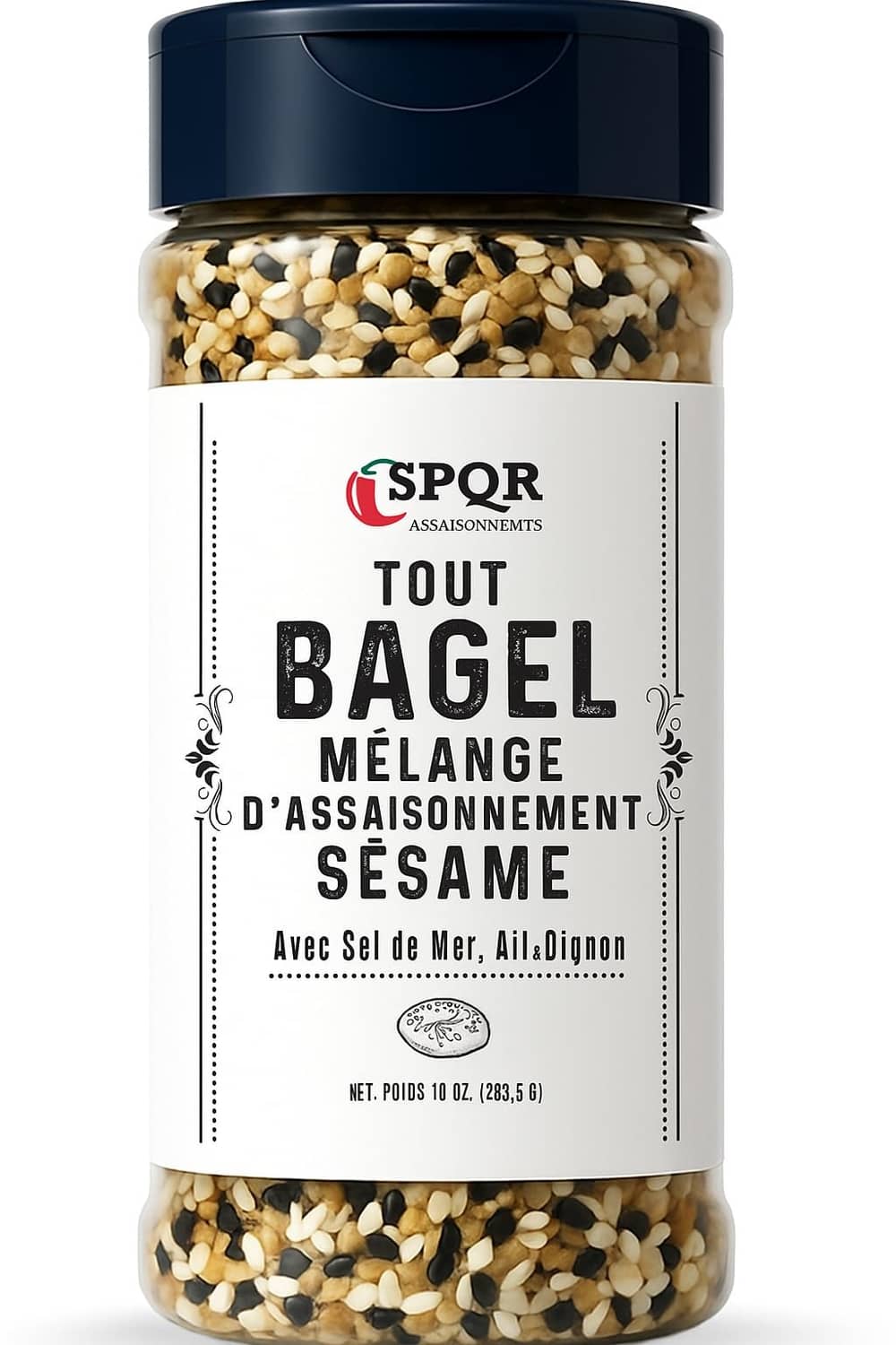 Everything bagel seasoning jar with multilingual label and blue cap, XL size
