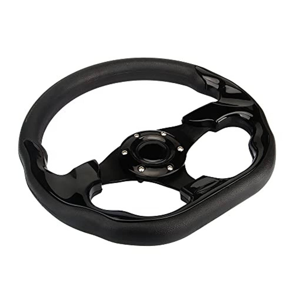 Black D-shape steering wheel with textured rim, glossy blade spokes, and round hub
