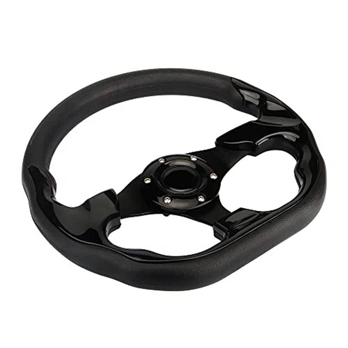 Black D-shape steering wheel with textured rim, glossy blade spokes, and round hub