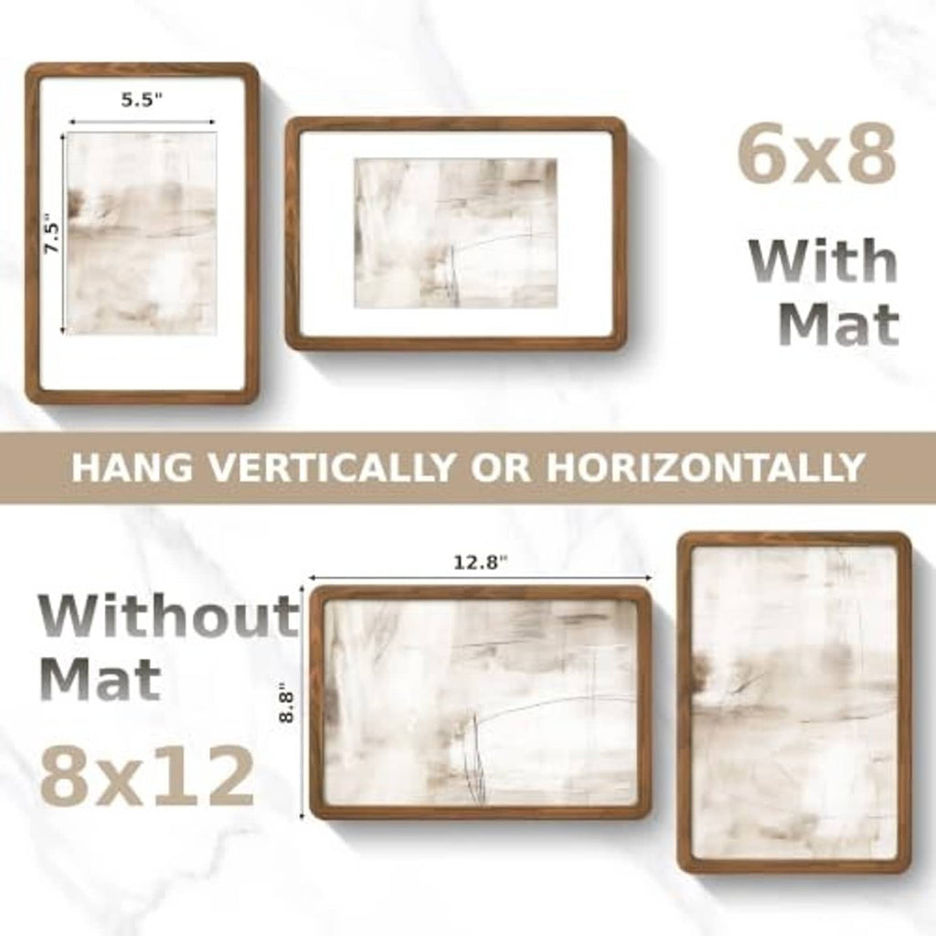 Walnut picture frame shown with and without included mat for 8x12 size