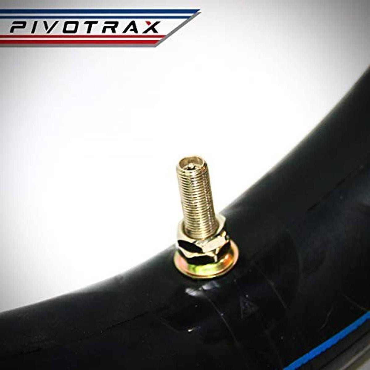 Gold TR4 valve stem on a black motorcycle inner tube, close-up.