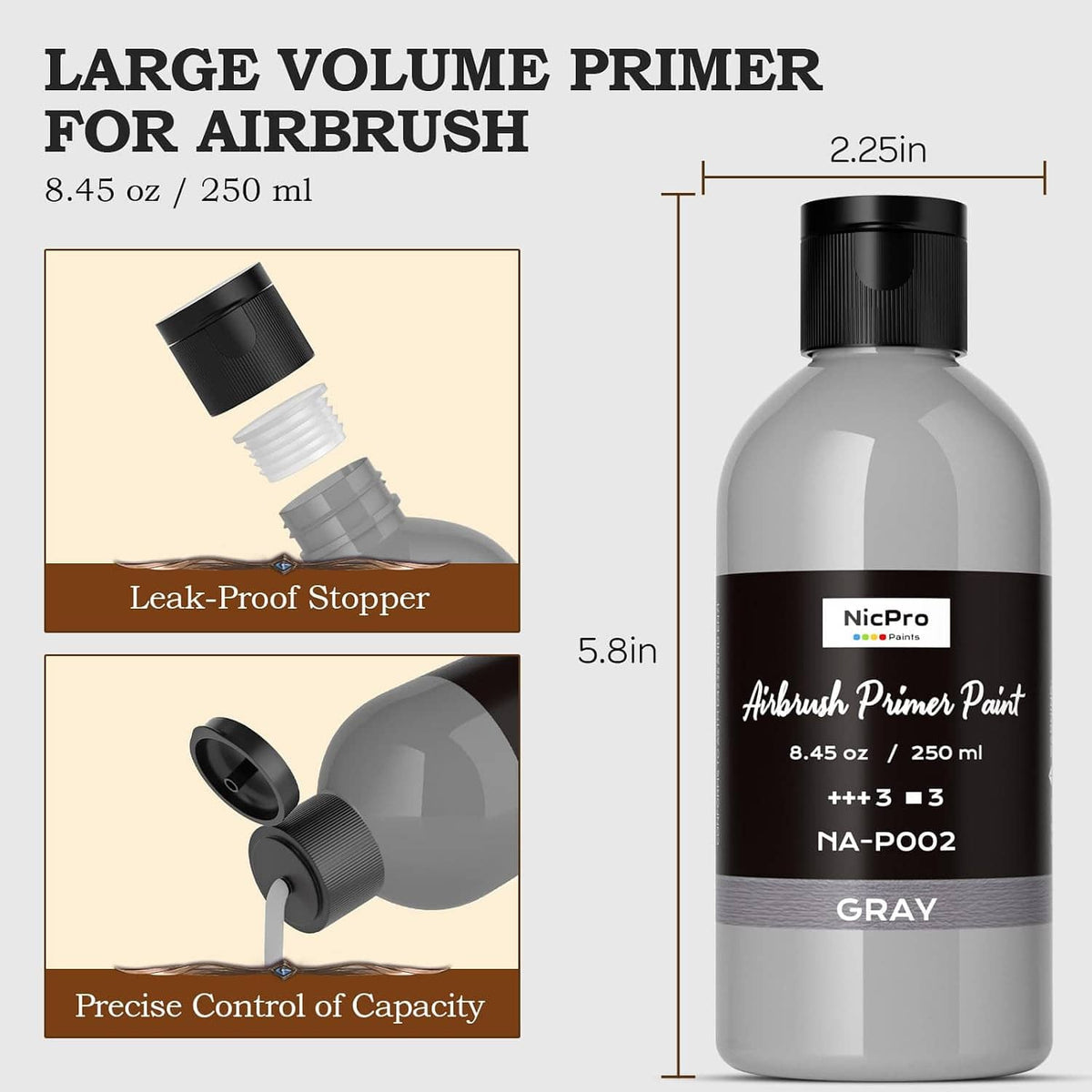 Grey airbrush primer paint bottle with size markings and leak-proof stopper diagrams