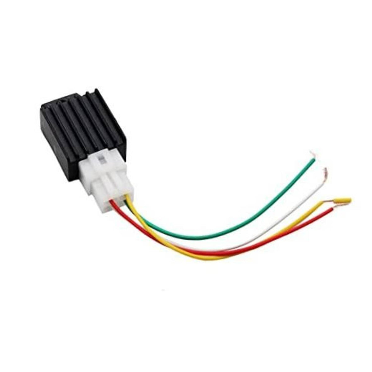 Black 4-pin 12V voltage rectifier regulator with finned heatsink and wire leads