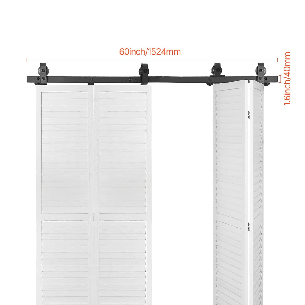Bi-fold sliding barn door track with four white door panels and black roller hangers