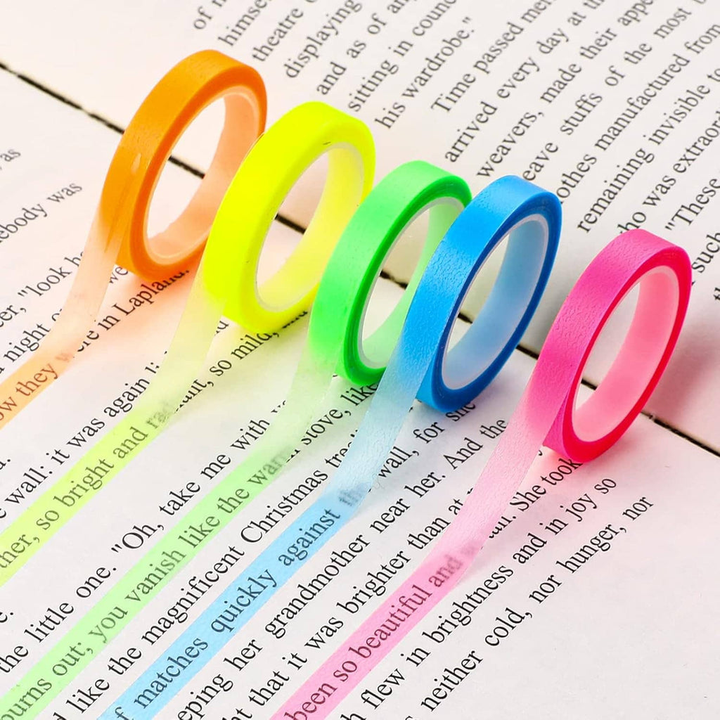 Set of removable transparent highlighter tape rolls in orange, lime, green, blue, pink