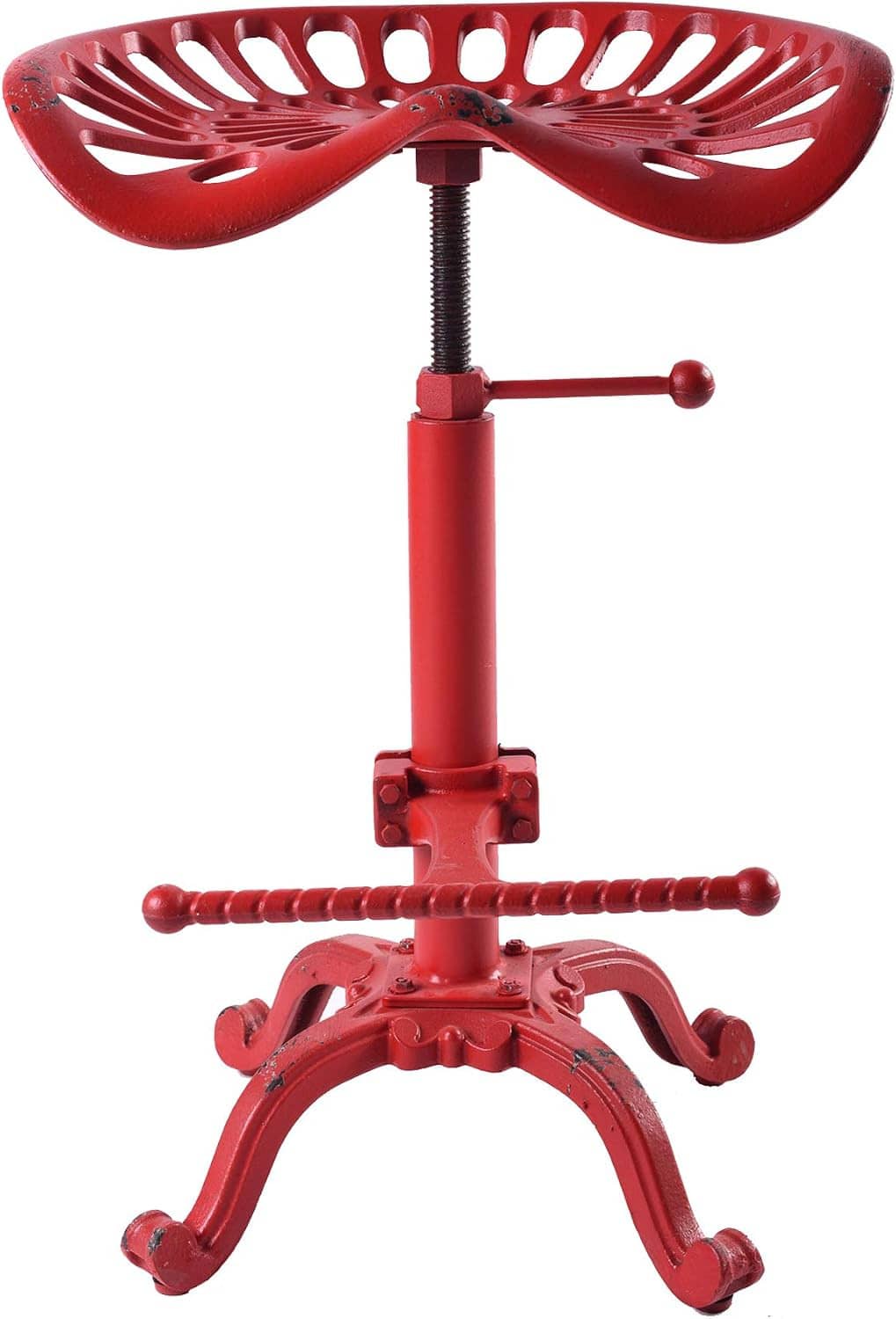 Red perforated tractor-seat bar stool with central post and curved tripod base