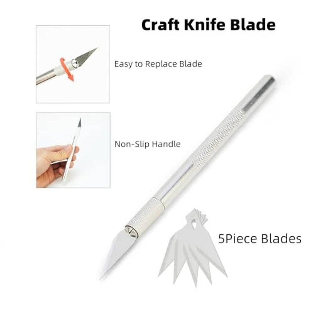 Craft knife blade tool with non-slip handle and five replacement blades