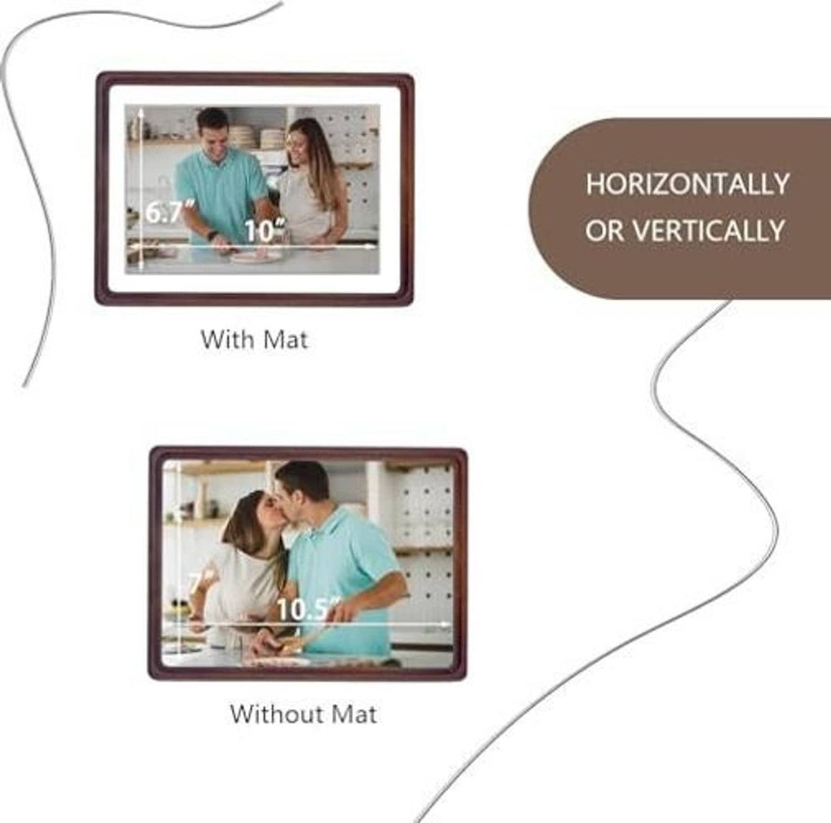 Walnut wood photo frame for horizontal or vertical display, with or without mat