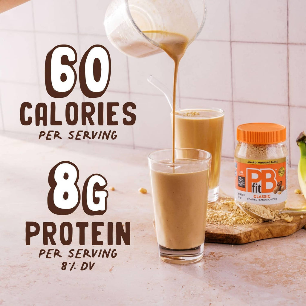 Peanut butter powder jar with three glasses of peanut butter drink