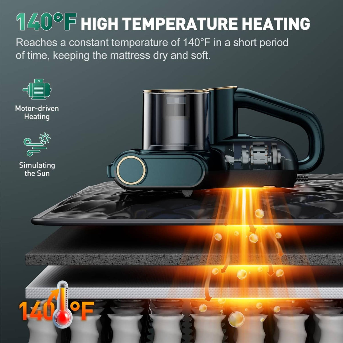 Dark cyan mattress vacuum cleaner with heated plate and brush head releasing warm airflow
