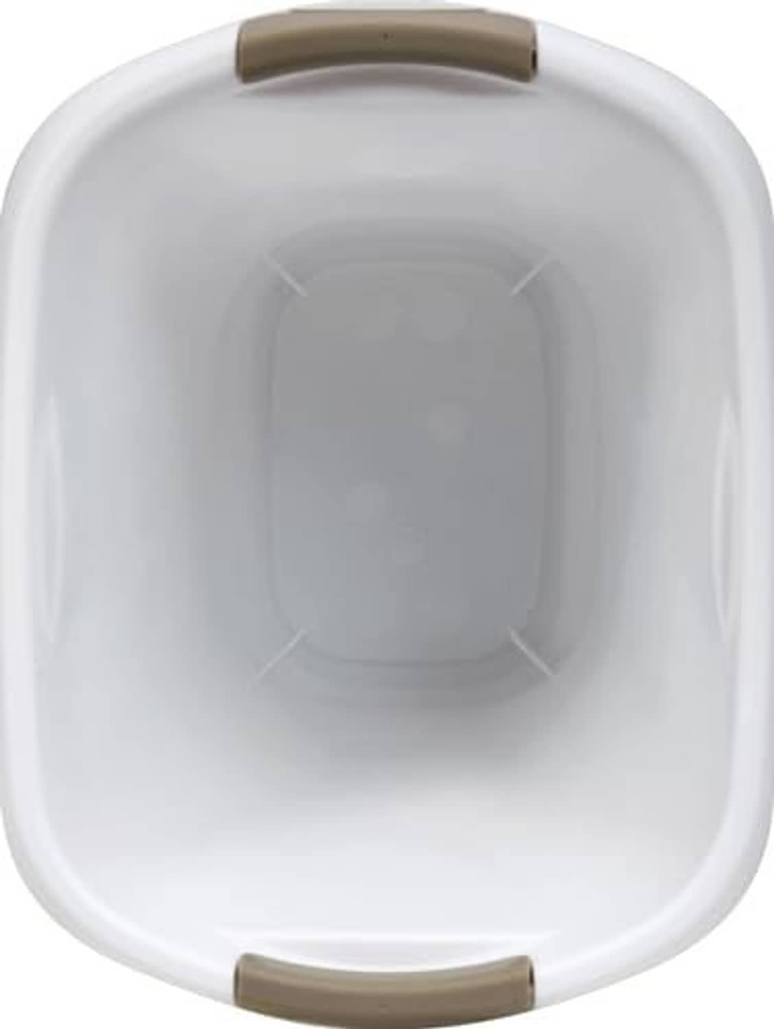 Rubbermaid open-top trash can, white plastic, 5.3-gallon; top rim view