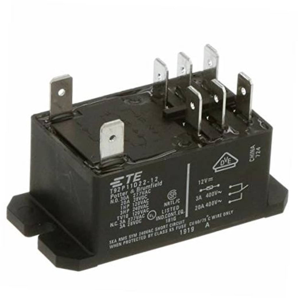 Power relay module with TE label, black case, and 6 metal blade terminals on top