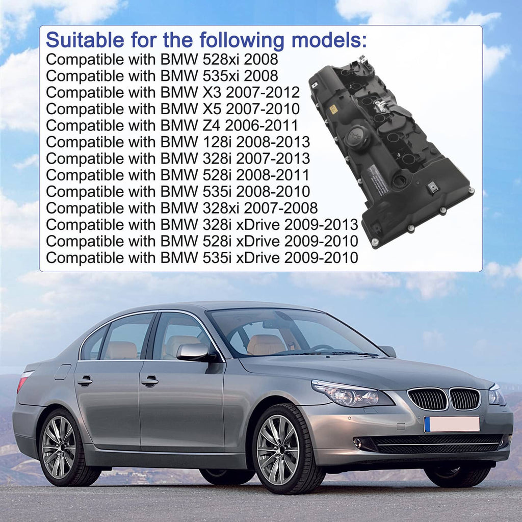 Valve cover and gasket kit shown with a car engine bay and sedan front