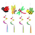 Set of four colorful garden wind spinners: ladybug, butterfly, dragonfly, and bee on swirls