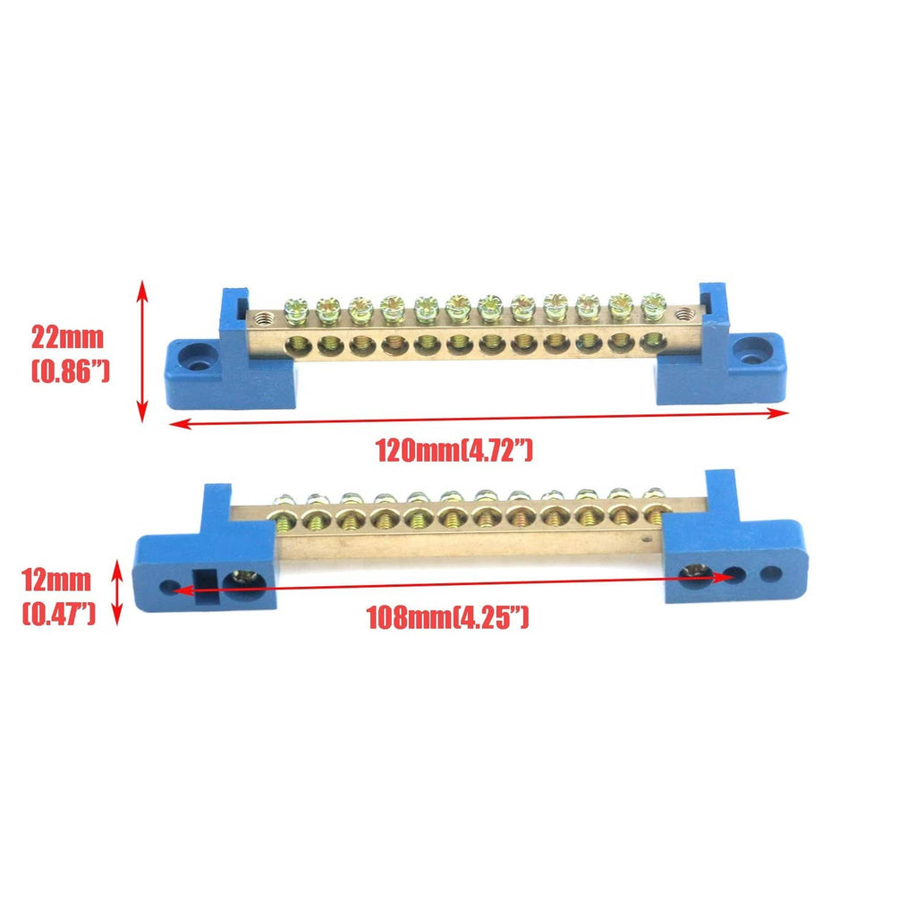 Brass screw terminal block with blue mounting bars and a row of screw terminals