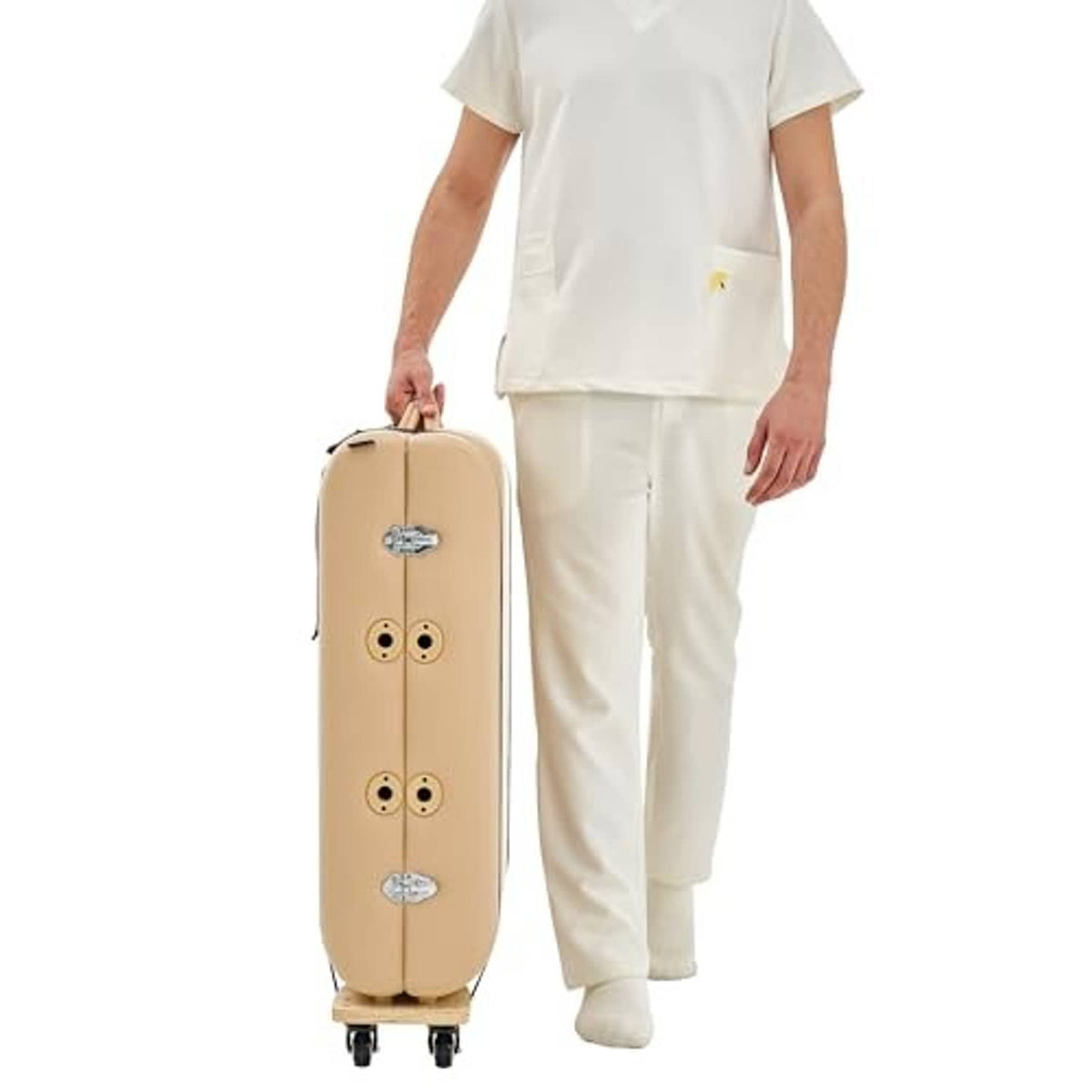 Portable massage table cart with beige cover and four caster wheels; upright carry