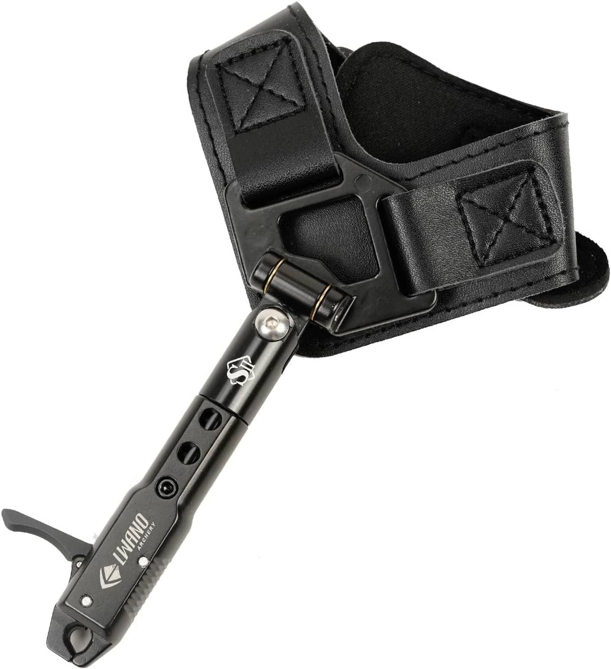 Black archery compound bow trigger release aid with padded 360° adjustable wrist strap.