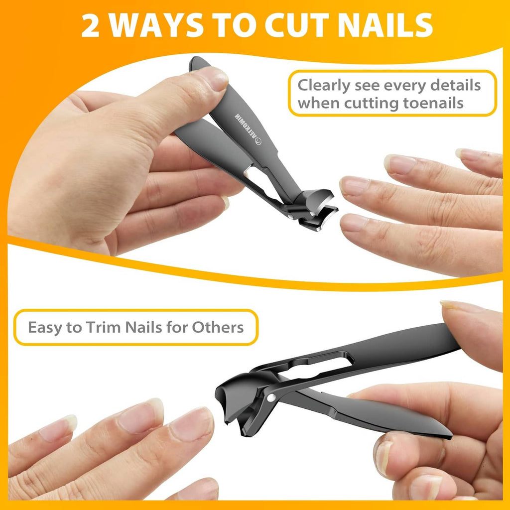 Black long-handled toenail clippers trimming a toenail with a curved head.