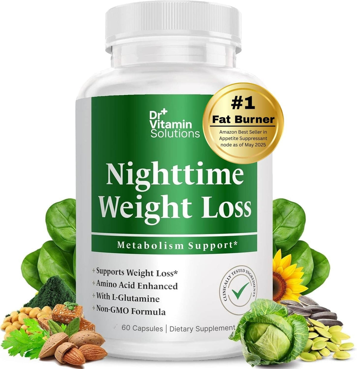 Nighttime weight loss supplement bottle with white cap and green label