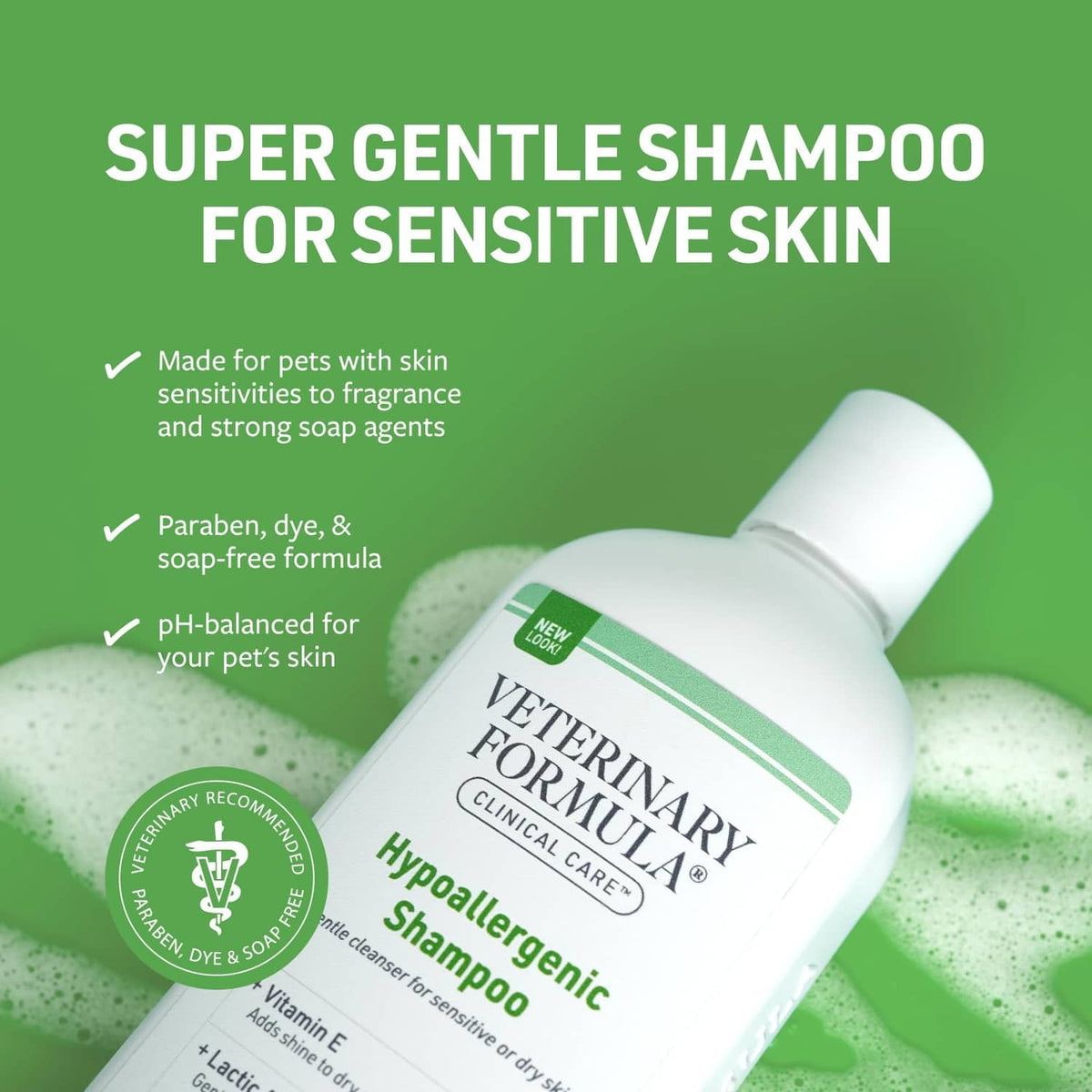 Hypoallergenic dog shampoo bottle with green-striped label and white cap
