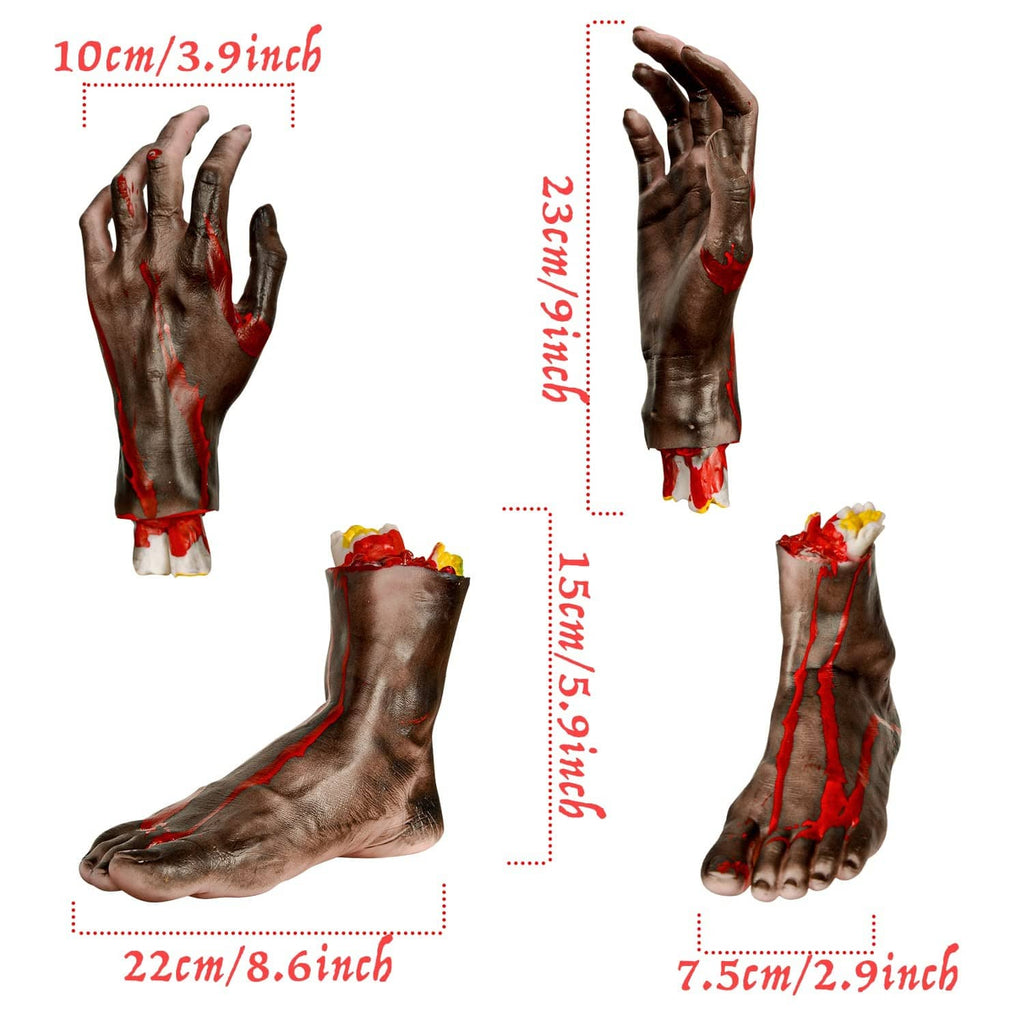Four-piece severed hands and feet prop set with red blood stains on gray-brown skin
