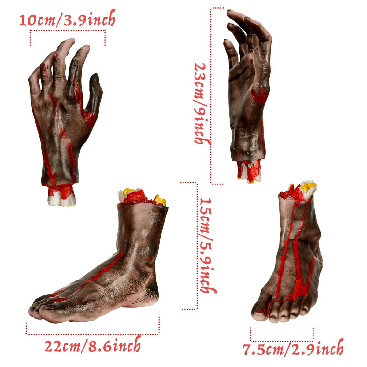 Four-piece severed hands and feet prop set with red blood stains on gray-brown skin