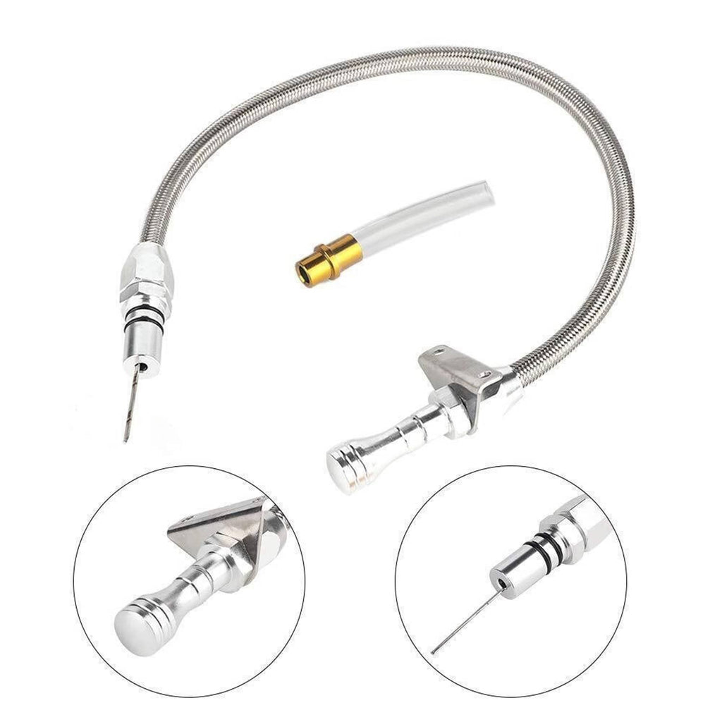 Flexible stainless dipstick kit with braided hose, clamp-style fitting, and probes