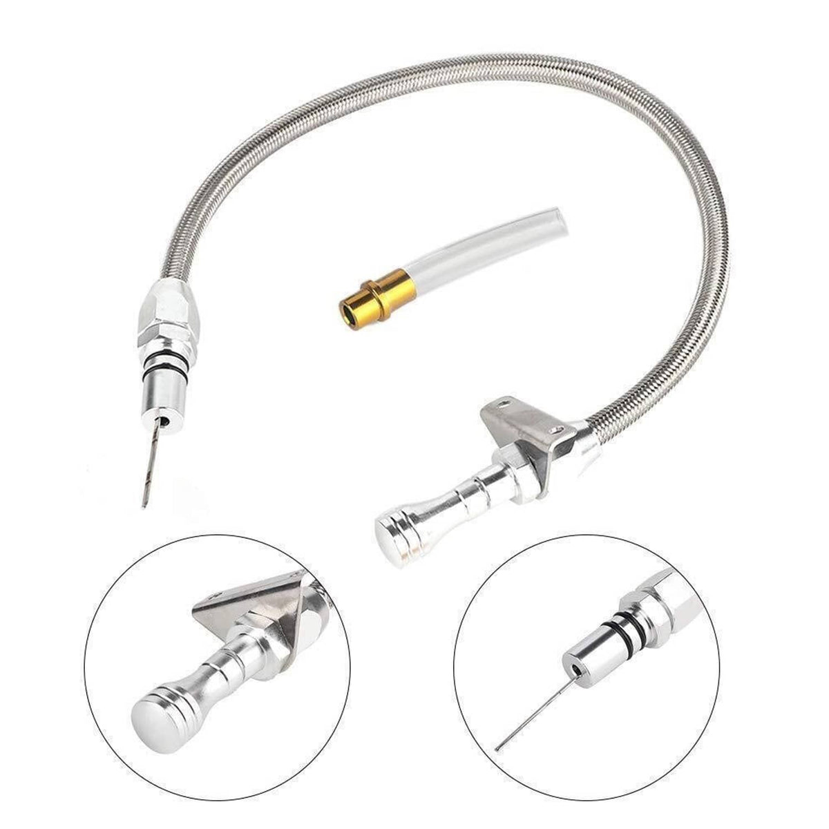 Flexible stainless dipstick kit with braided hose, clamp-style fitting, and probes