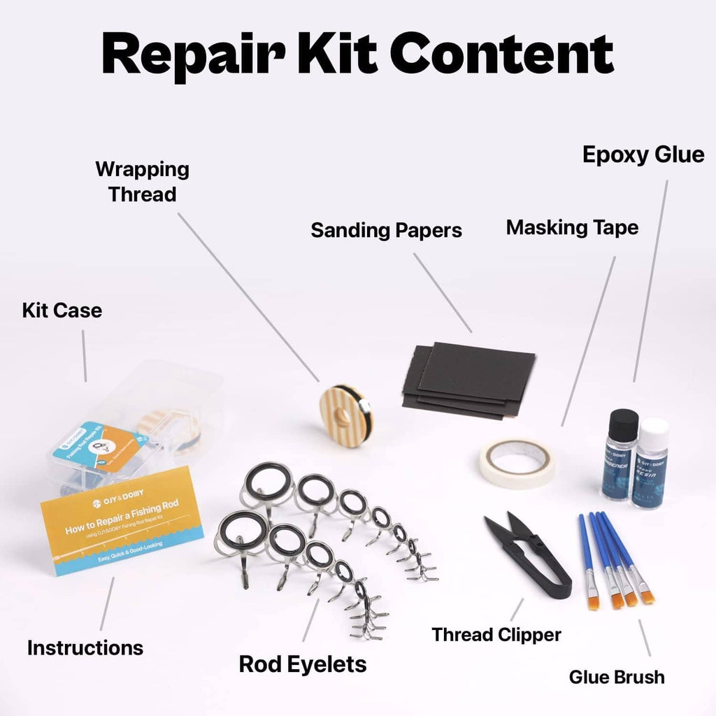 Fishing rod repair kit contents: rod eyelets, sanding papers, masking tape, and epoxy glue