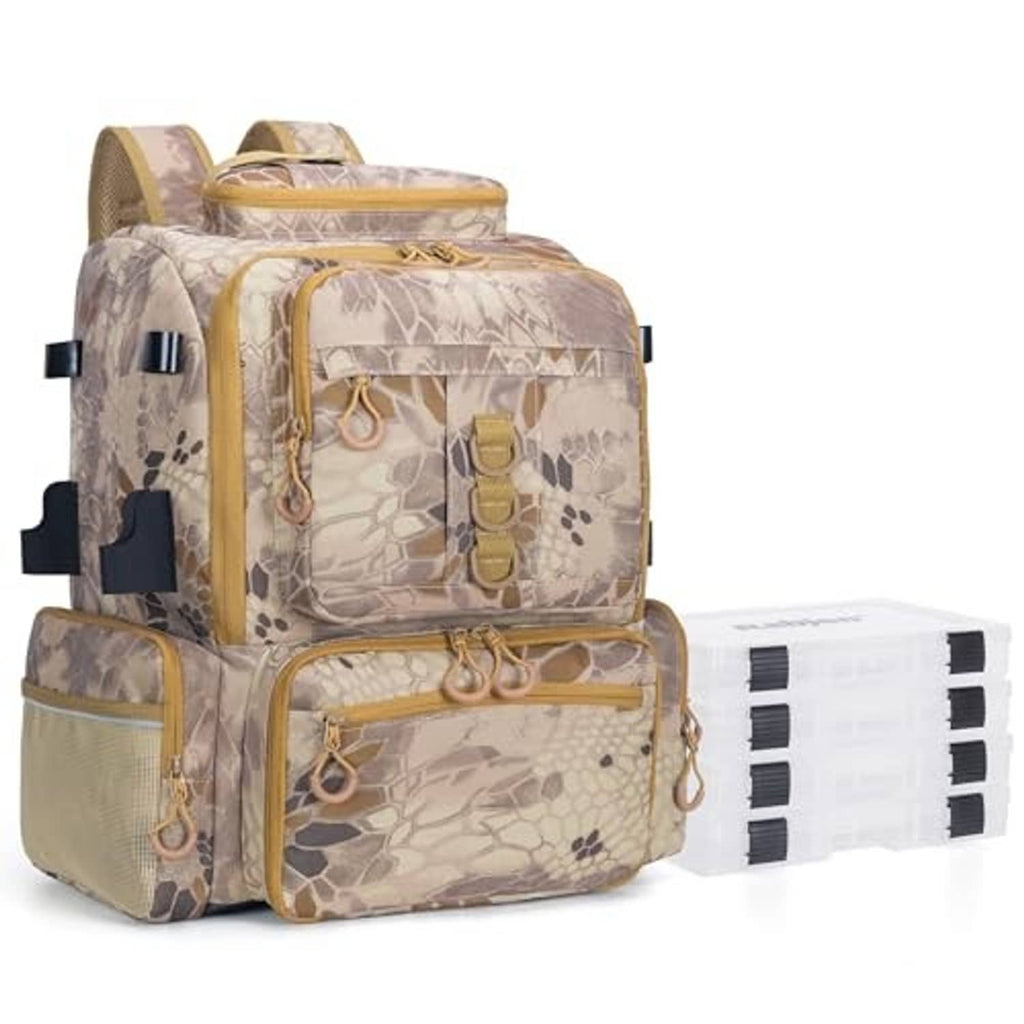 Khaki camo fishing tackle backpack with front zip compartments and included white tackle boxes