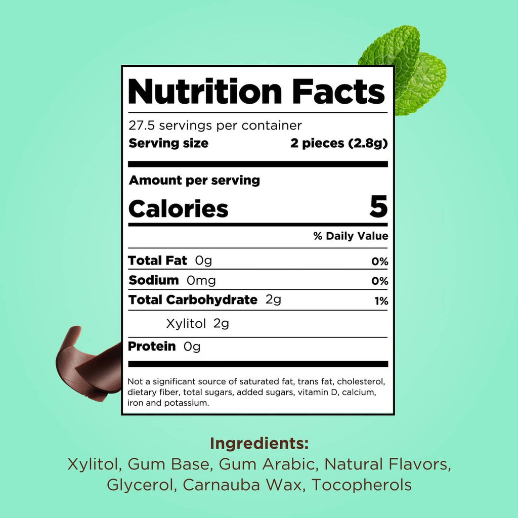 Nutrition Facts panel for xylitol gum, serving size 2 pieces (2.8g)
