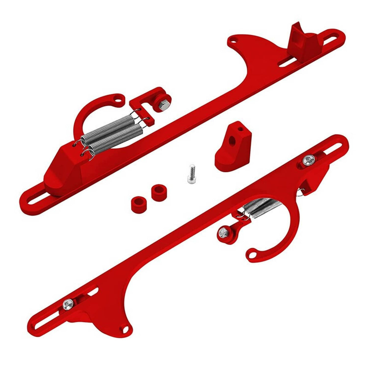 Red aluminum throttle cable bracket kit with spring, fork, and mounting plates