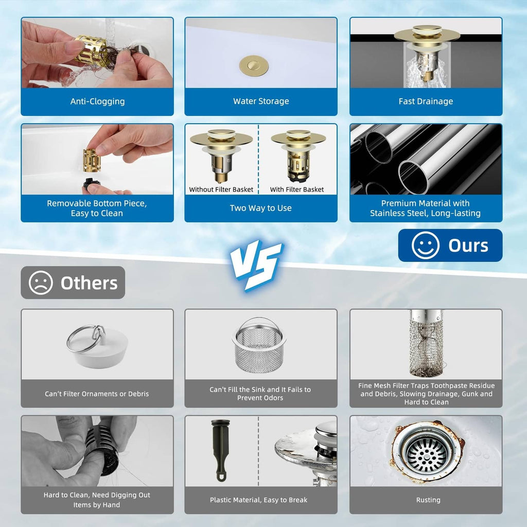 Brushed gold pop-up drain stopper kit with two strainer basket pieces