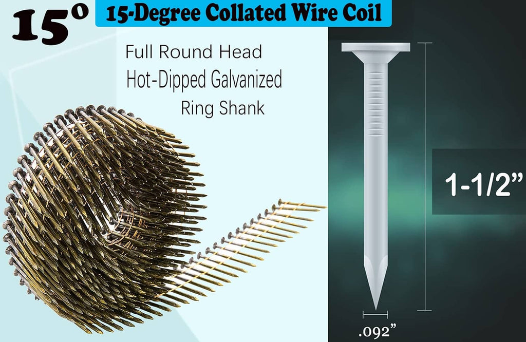 15-degree collated wire coil siding nails, full round head, galvanized ring shank