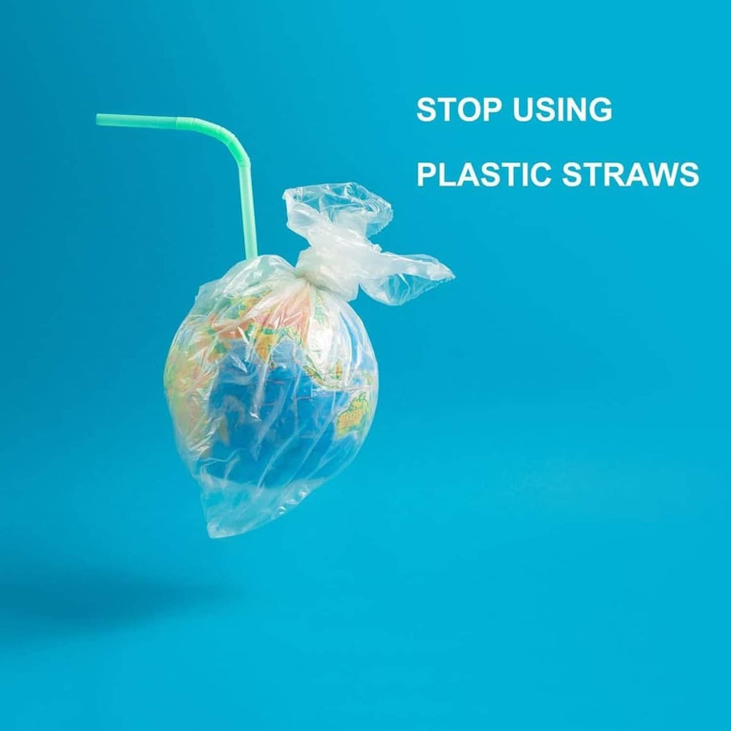 White PLA straw next to a plastic-bag bundle with reuse message