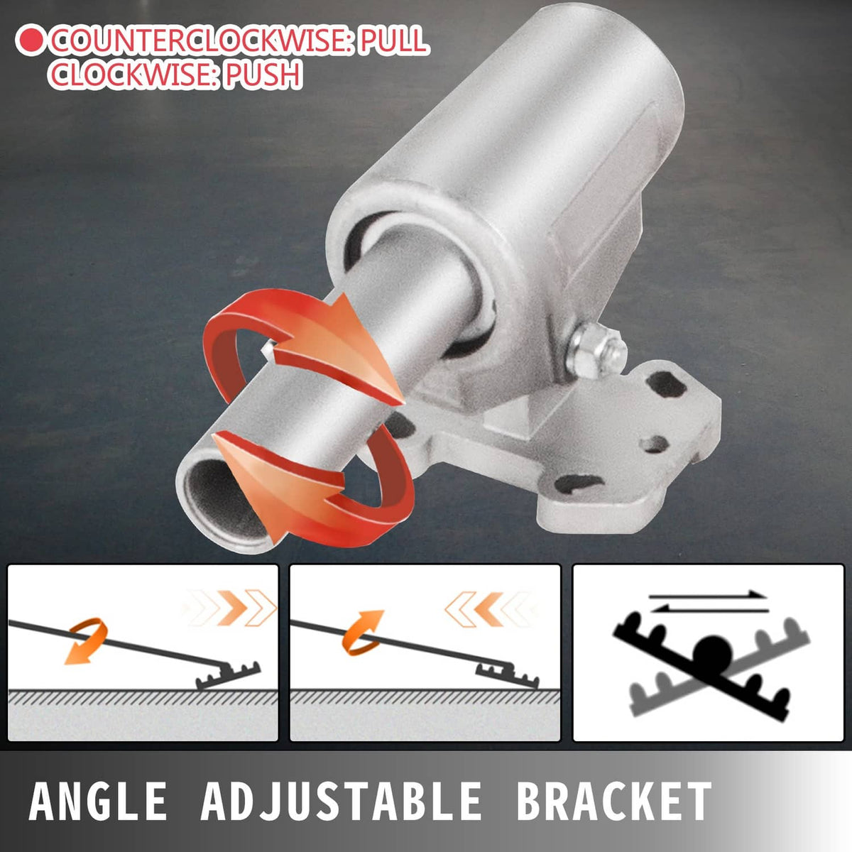 Adjustable concrete float handle bracket with gray housing and red rod section