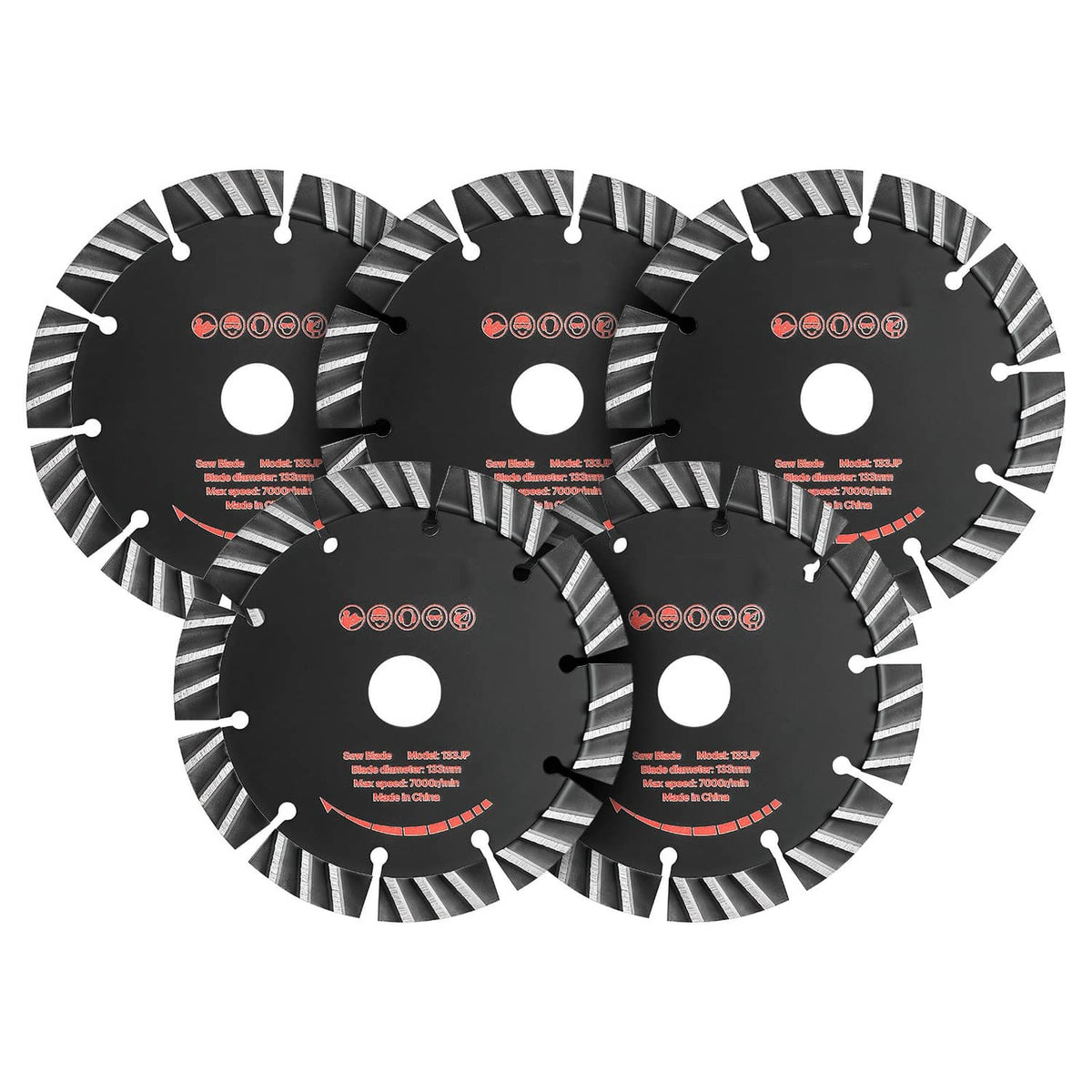 5-pack concrete diamond blades with segmented rims and center arbor holes