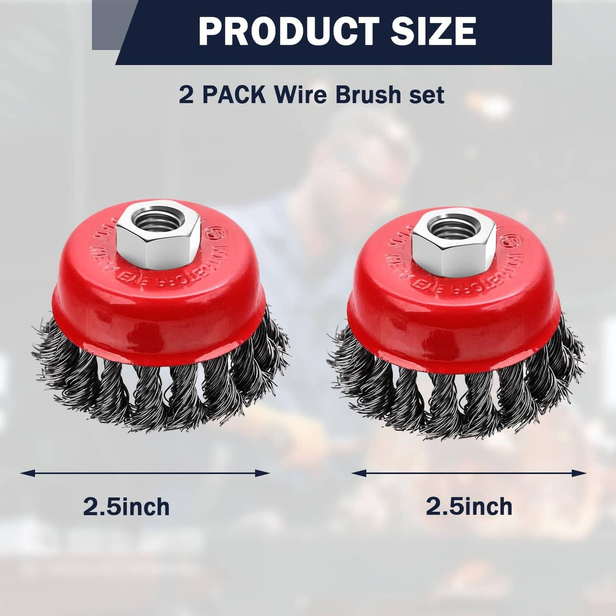 Red wire cup brushes, 2.5-inch heads with threaded mounting nuts, 2-pack