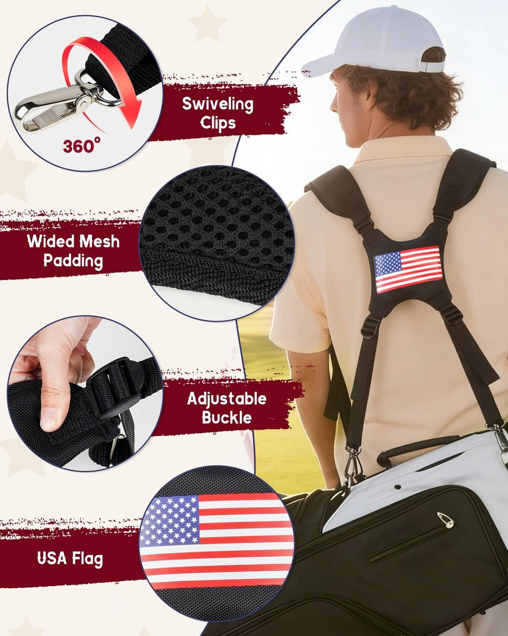 Black golf bag strap with USA flag patch, swiveling clips, and adjustable buckle