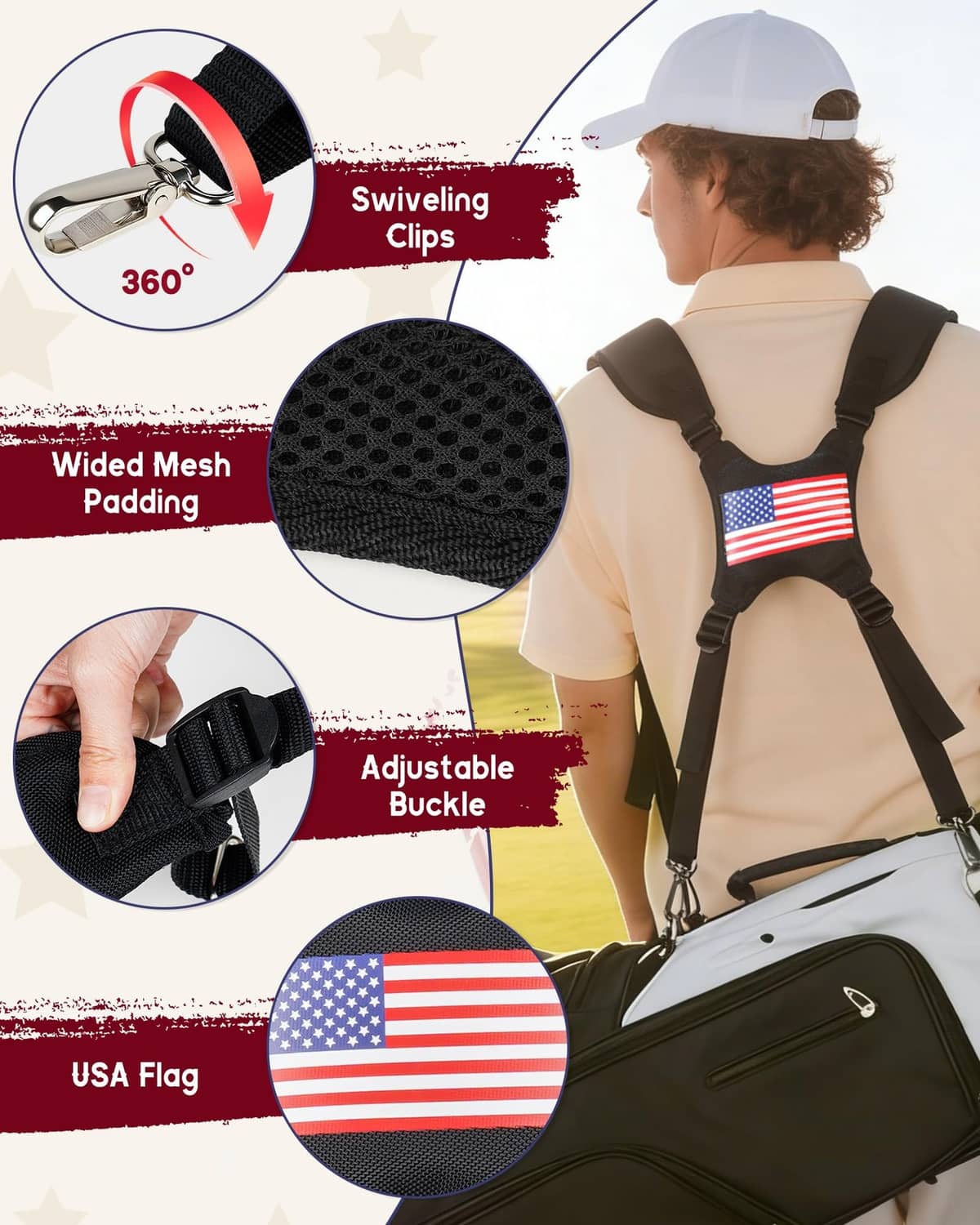 Black golf bag strap with USA flag patch, swiveling clips, and adjustable buckle